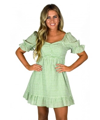 Cute Green and White Puff Sleeve Dot Printed Summer Dress