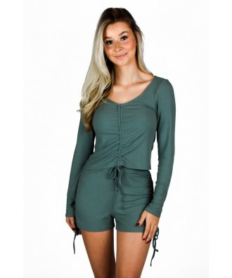 Cute Green Casual Loungewear Matching Top and Shorts Outfit Set