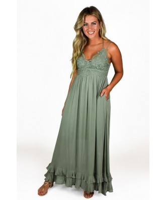 Green Boho Lace Summer Maxi Dress