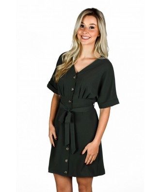 Dark Green Button Front Work Dress