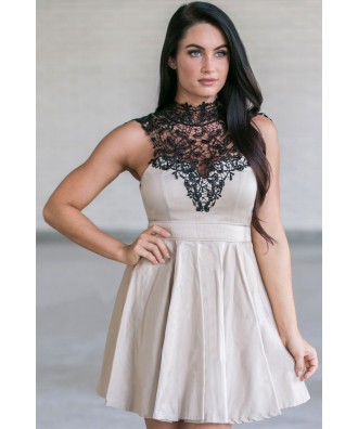 Beige and Black Lace Dress Online, Cute Fall Dress, Cute Summer Dress, High Neck Lace Dress