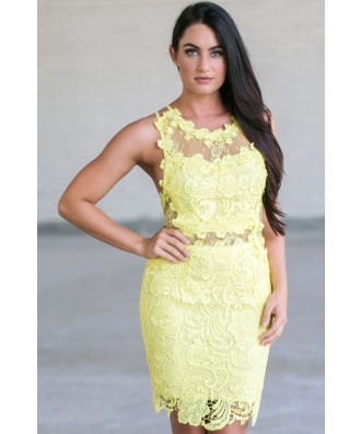 Bright Yellow Lace Cocktail Dress, Yellow Lace Bodycon Dress, Yellow Lace Party Dress Online