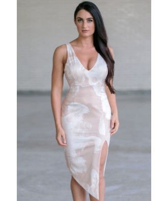 Cute Printed Bodycon Dress, Beige Printed Dress, Online Boutique Dress