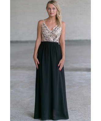 Gold and Black Lace Maxi Dress, Cute Gold and Black Lace Dress Online, Juniors Dresses