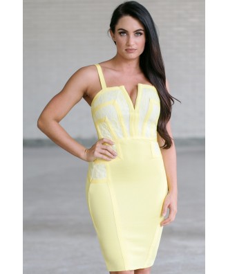 Cute Yellow Dress, Yellow Lace Cocktail Dress Online, Yellow Bandage Dress, Juniors Party Dress