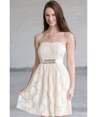 Beige Strapless Lace Dress, Cream Lace Rehearsal Dinner Dress, Lace Bridal Shower Dress