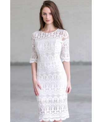 Ivory lace Midi Dress, Ivory Rehearsal Dinner Dress, Off White Bridal Shower Dress