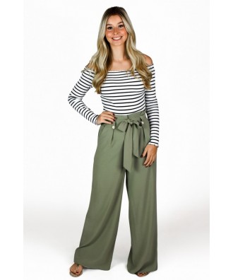 Cute Light Olive Green Tie Front Wide Leg Pants for Women