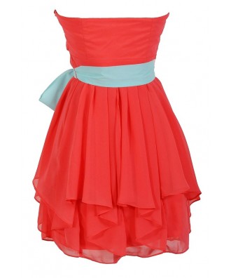 Ruffled Edges Chiffon Designer Dress in Coral/Mint Lily Boutique