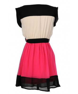 Colorblock Hot Pink and Black Chiffon Dress Lily Boutique