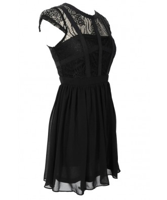 Capsleeve Lace Top Dress With Contrast Ribbon Overlay in Black Lily ...