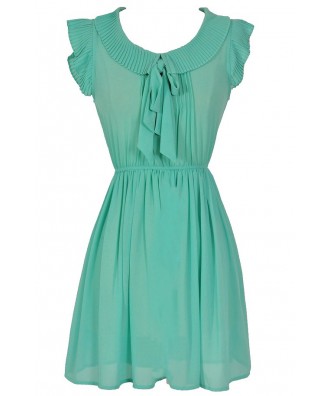 Pleated Collar Semi-Sheer Bow Neck Dress in Sea Green Lily Boutique