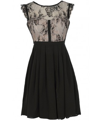 Easily Enchanted Black and Beige Eyelash Lace Dress Lily Boutique