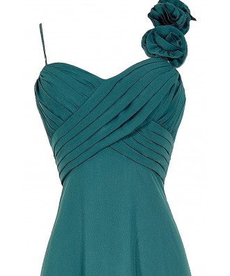 Rosette On My Shoulder Chiffon Maxi Dress in Teal Lily Boutique