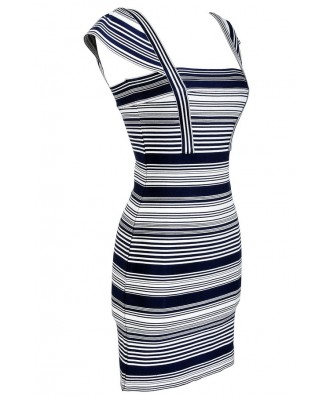 Navy and Ivory Stripe Bandage Sweater Dress Lily Boutique