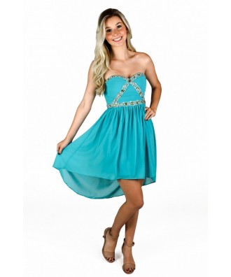 Teal Embellished High Low Rhinestone Dress | Cute Teal Beaded Homecoming Dress | 