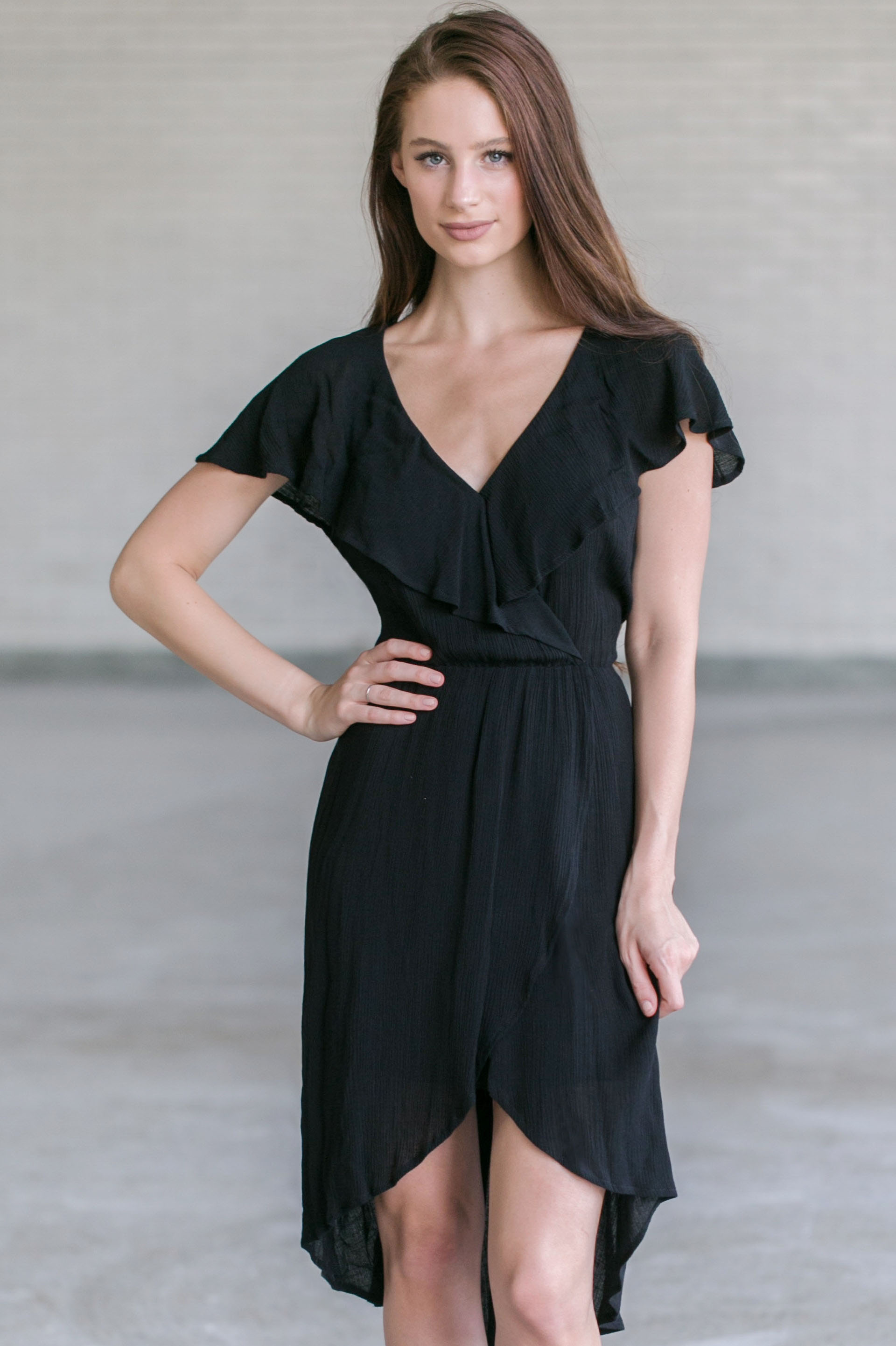 Black ruffle best sale high low dress
