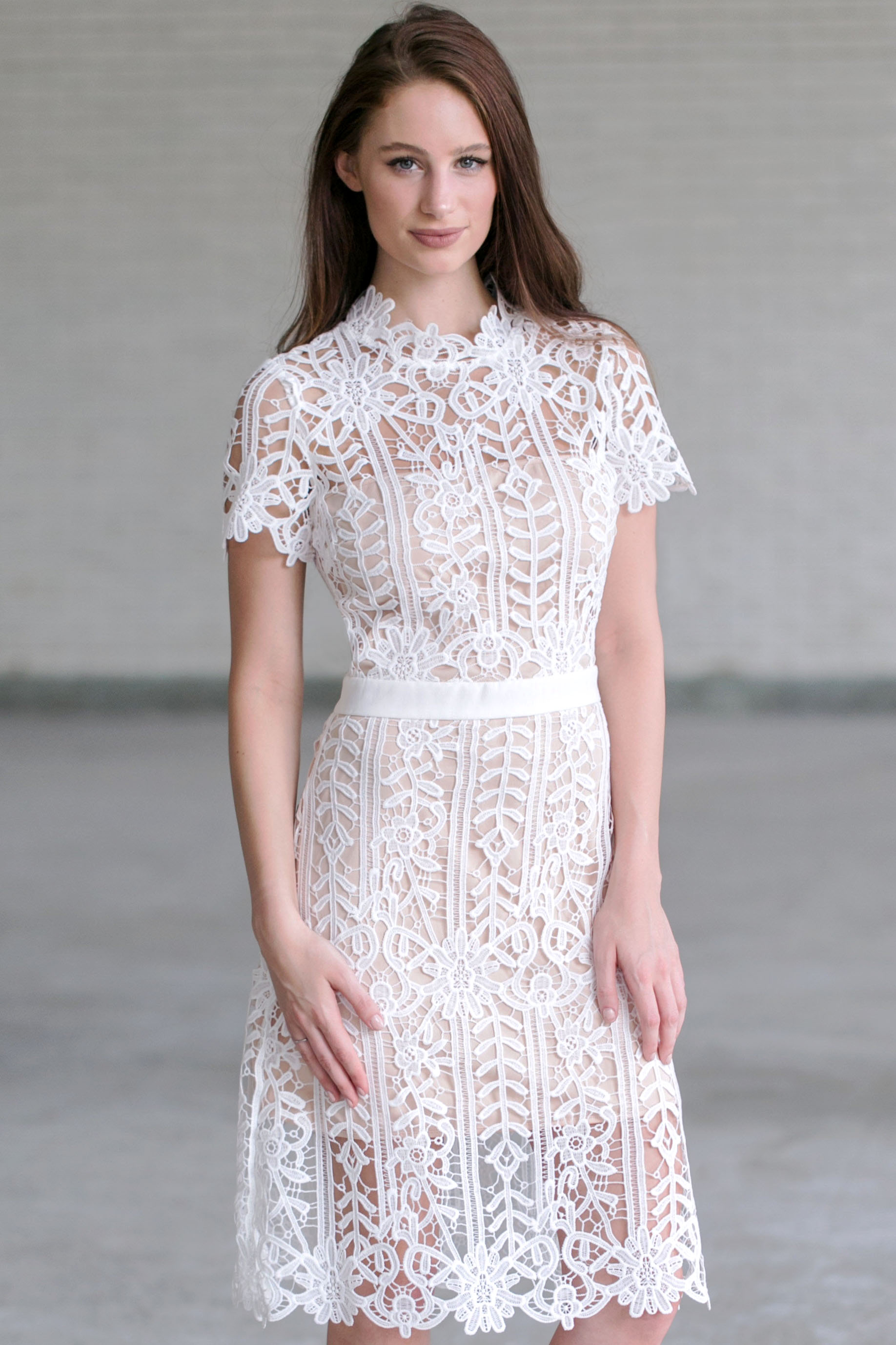 white dress midi lace
